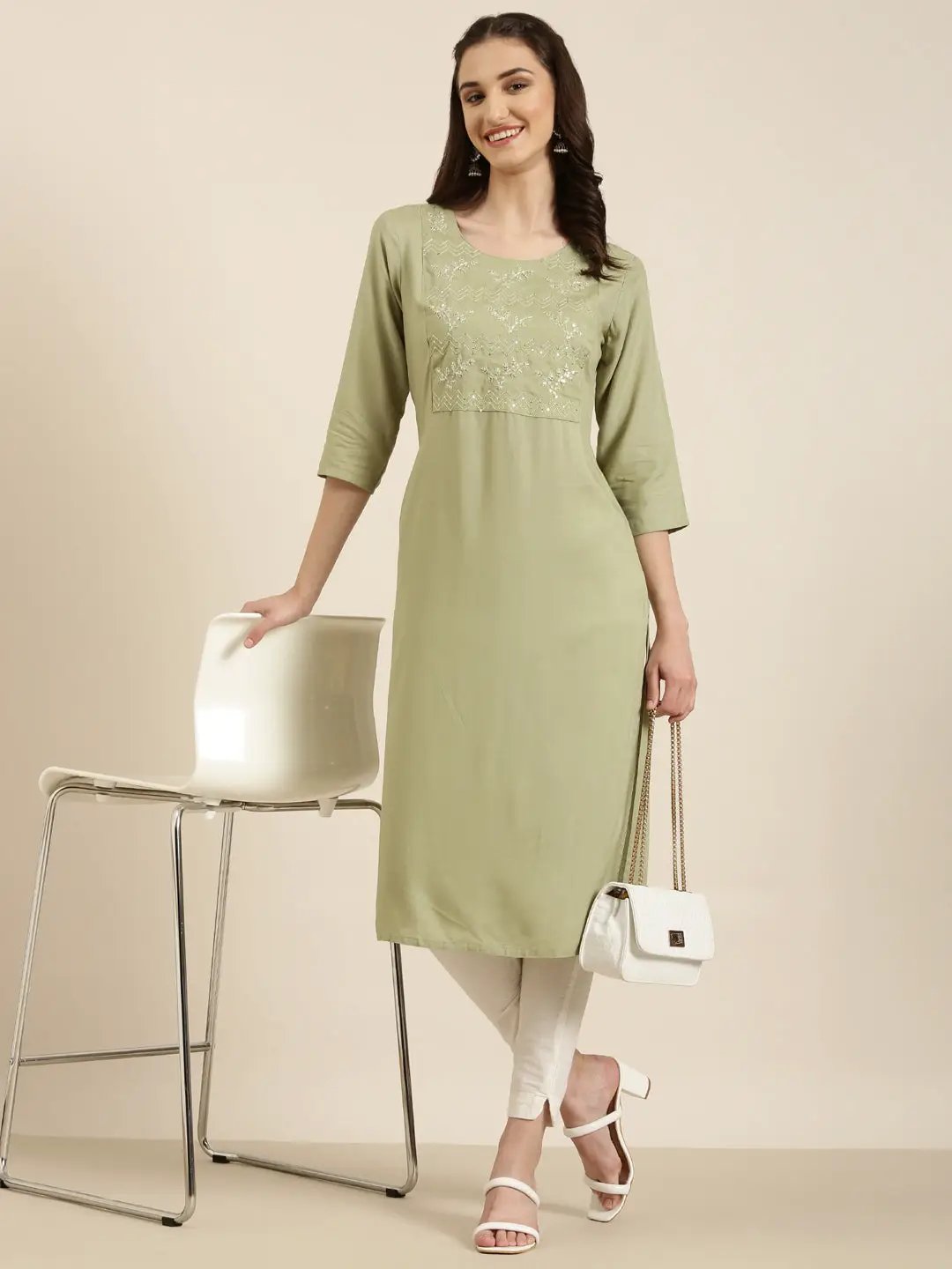 Women's Olive Solid Straight Kurta