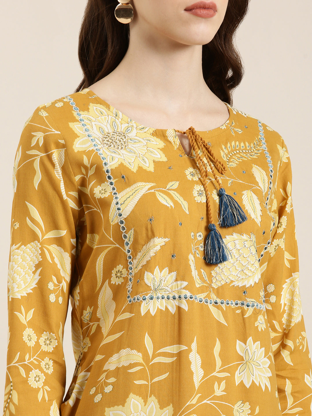 Women Mustard Floral Straight Kurta