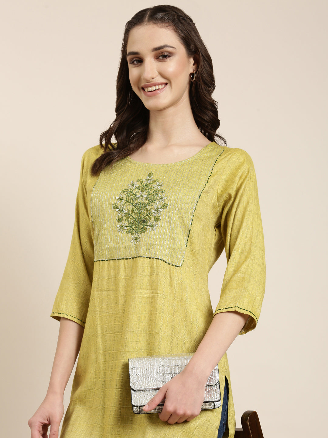 Women Lime Green Knitted Straight Kurti