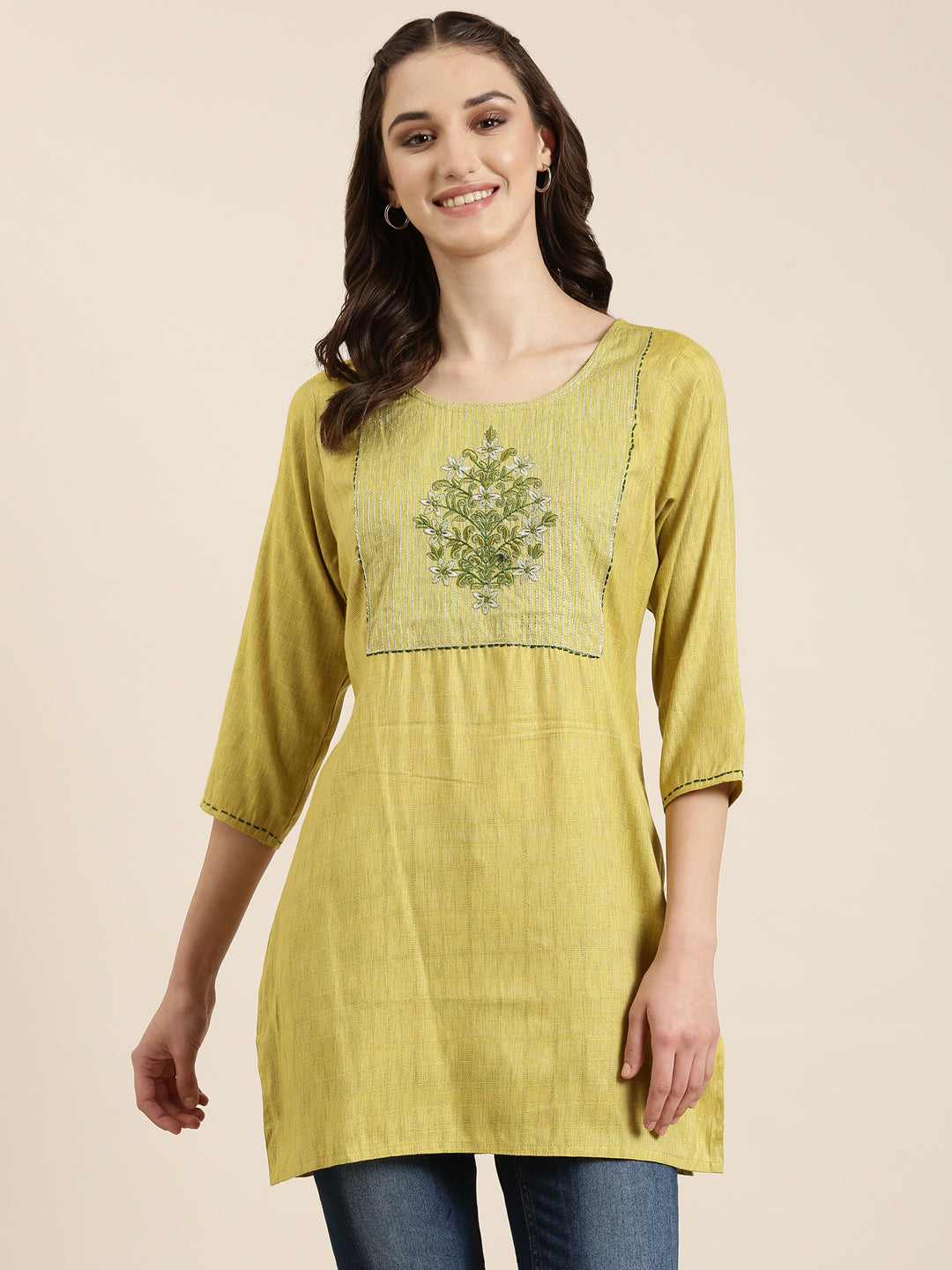 Women Lime Green Knitted Straight Kurti