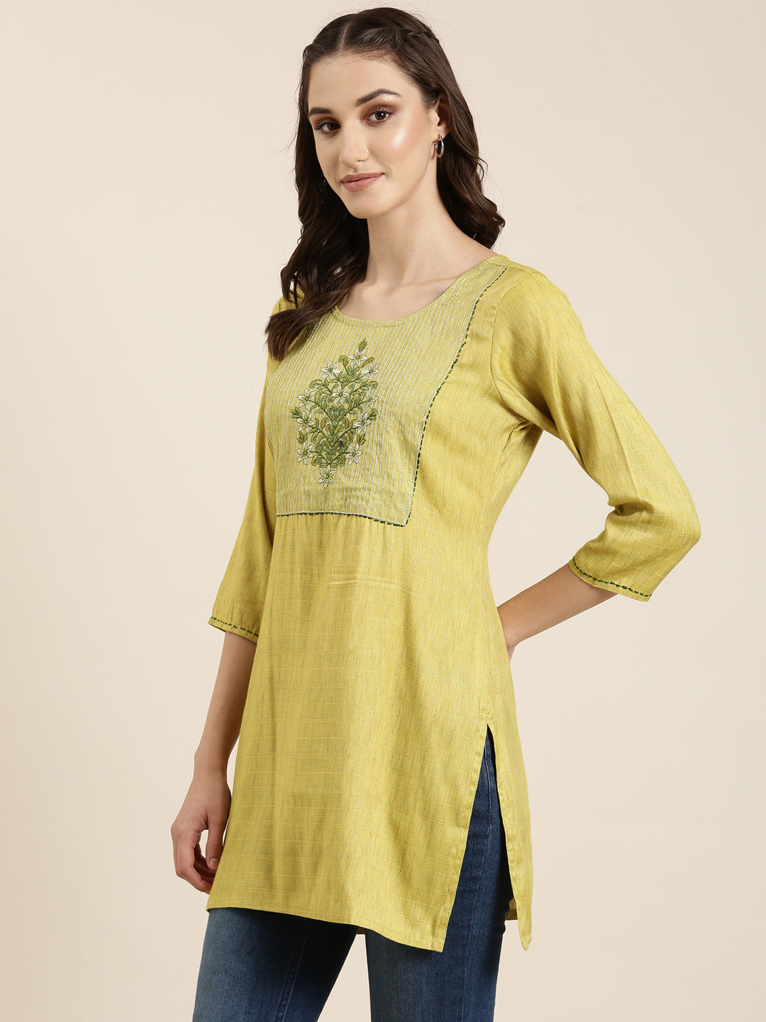 Women Lime Green Knitted Straight Kurti