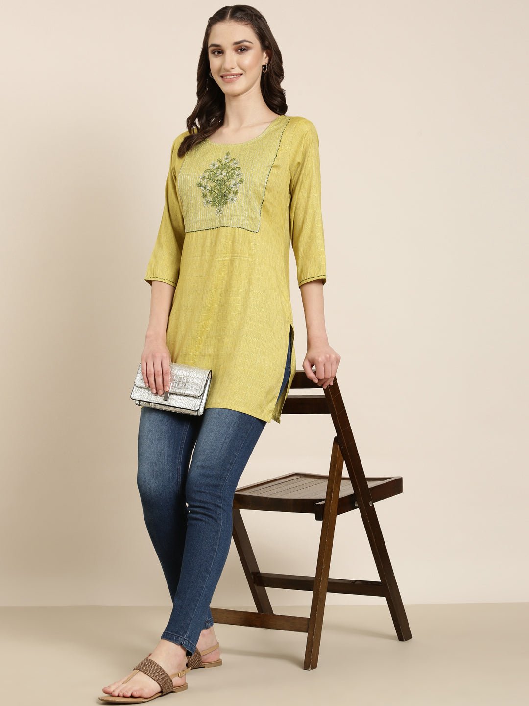 Women Lime Green Knitted Straight Kurti