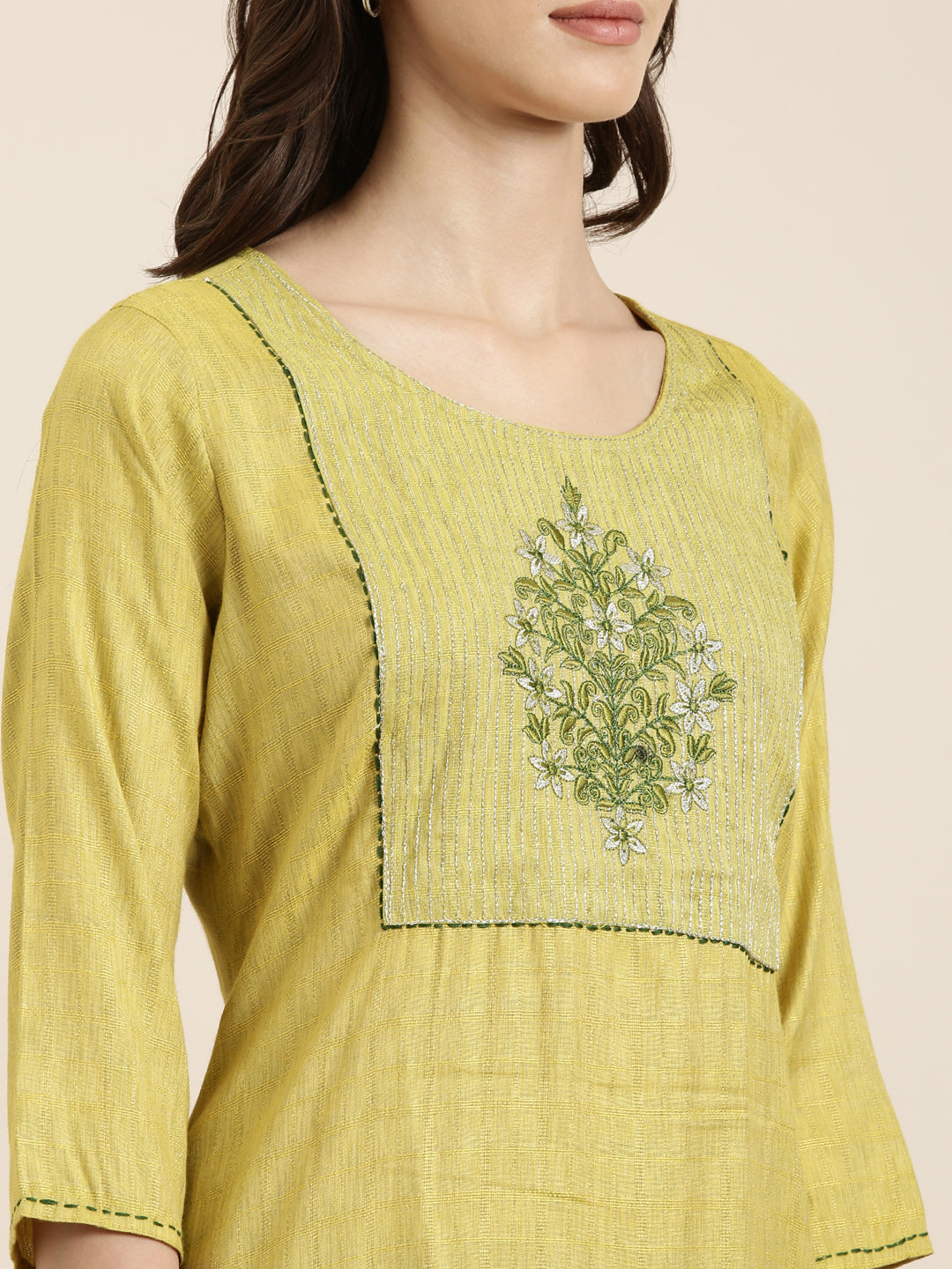 Women Lime Green Knitted Straight Kurti