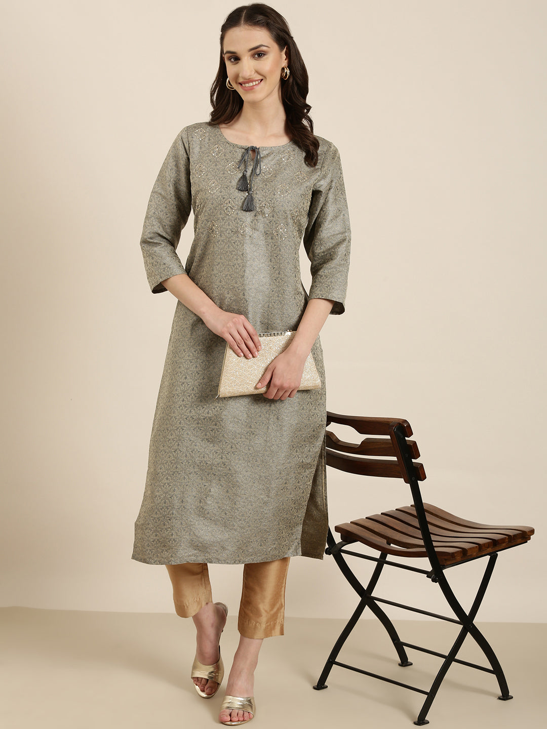 Women Beige Solid Straight Kurta