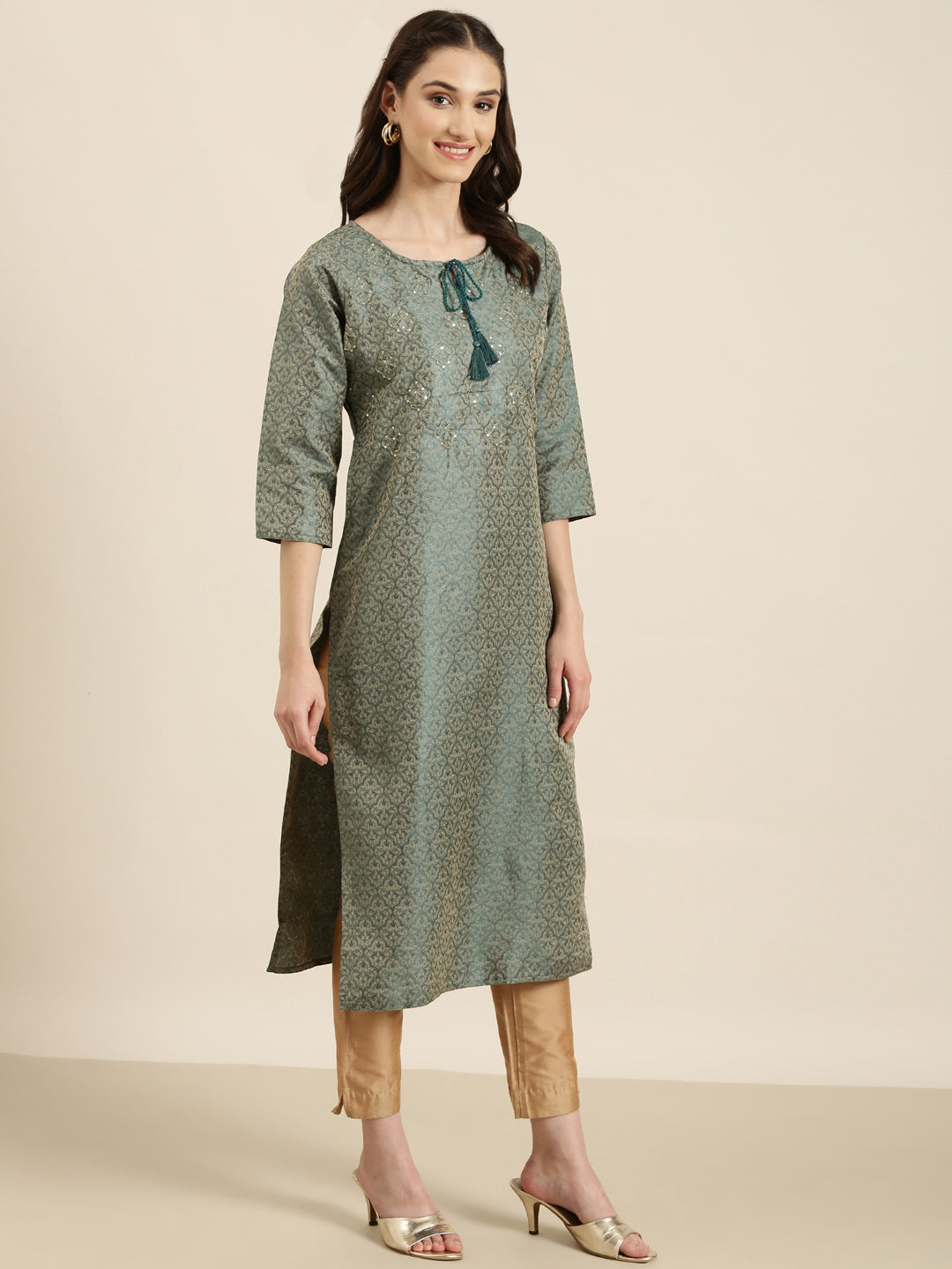 Women Teal Solid Straight Kurta