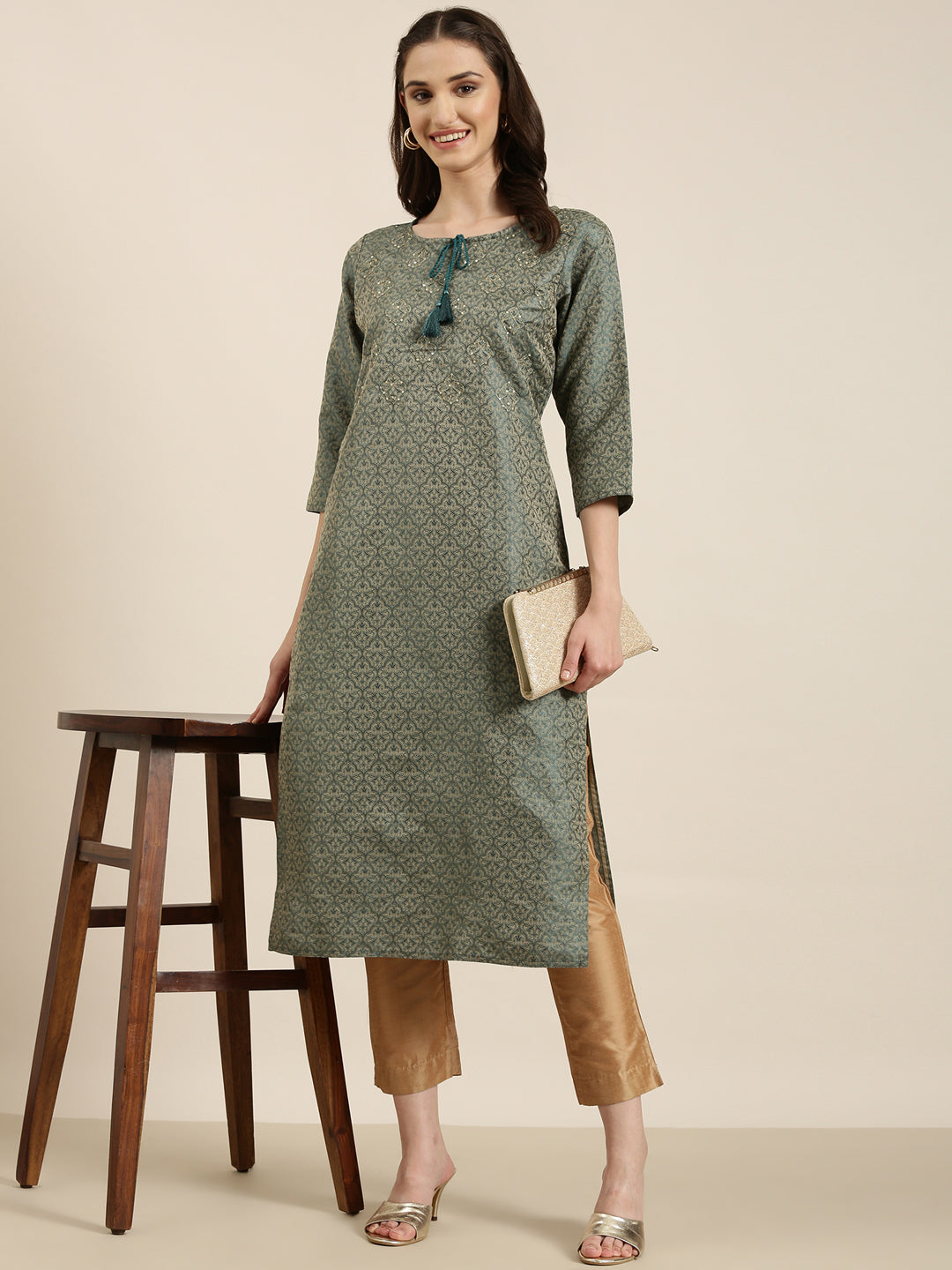 Women Teal Solid Straight Kurta