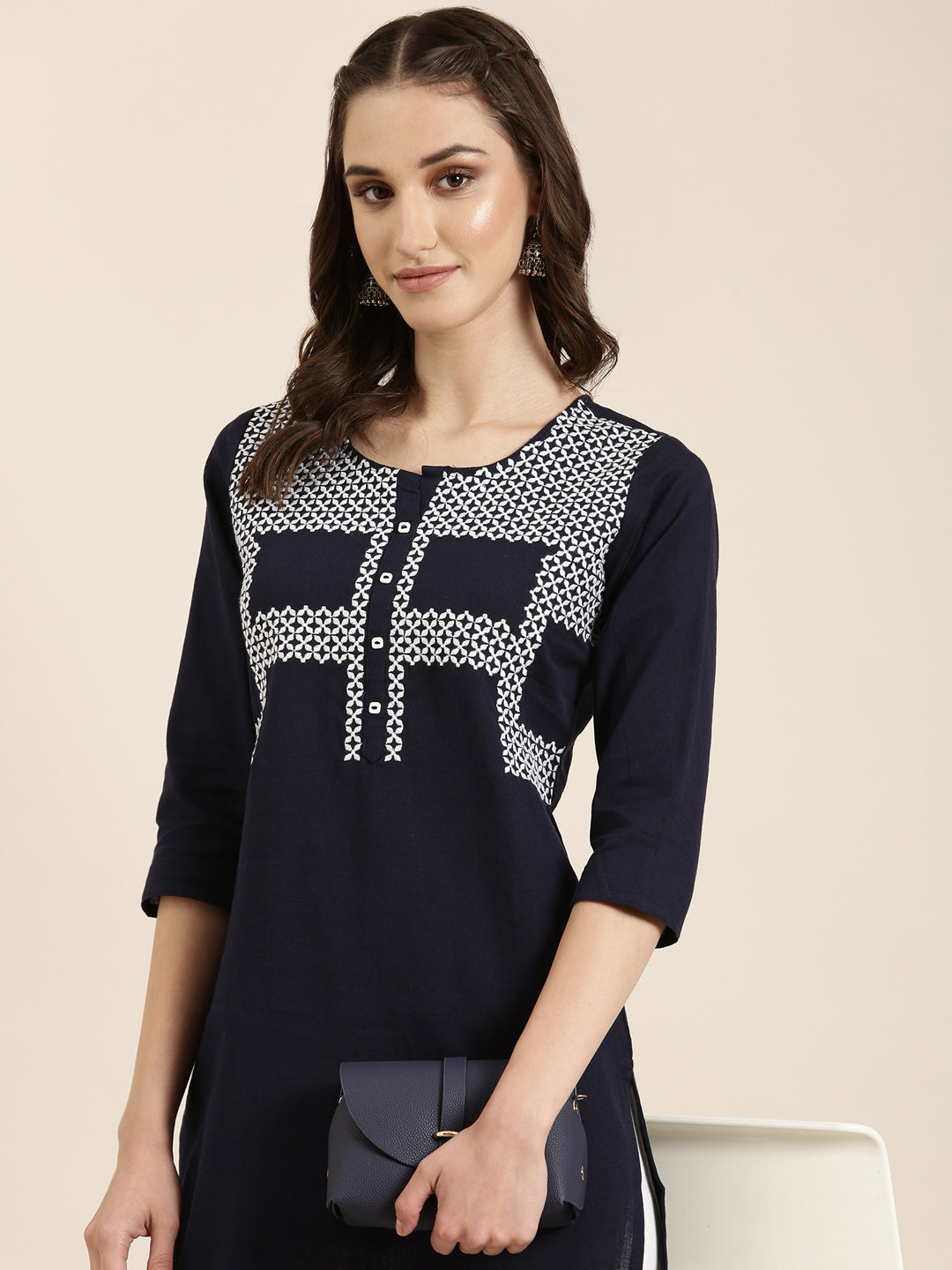 Women Navy Blue Solid Straight Kurti