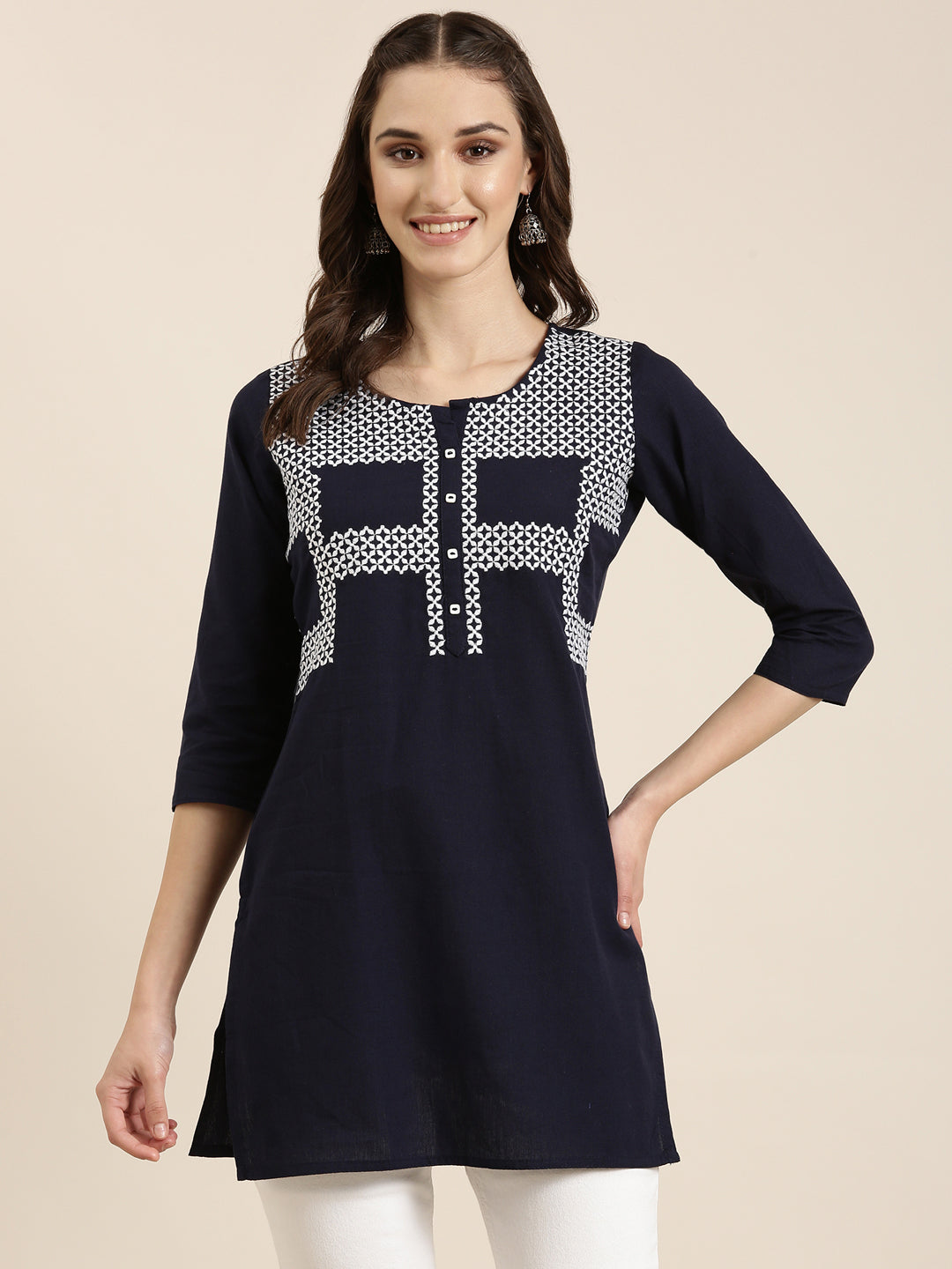 Women Navy Blue Solid Straight Kurti