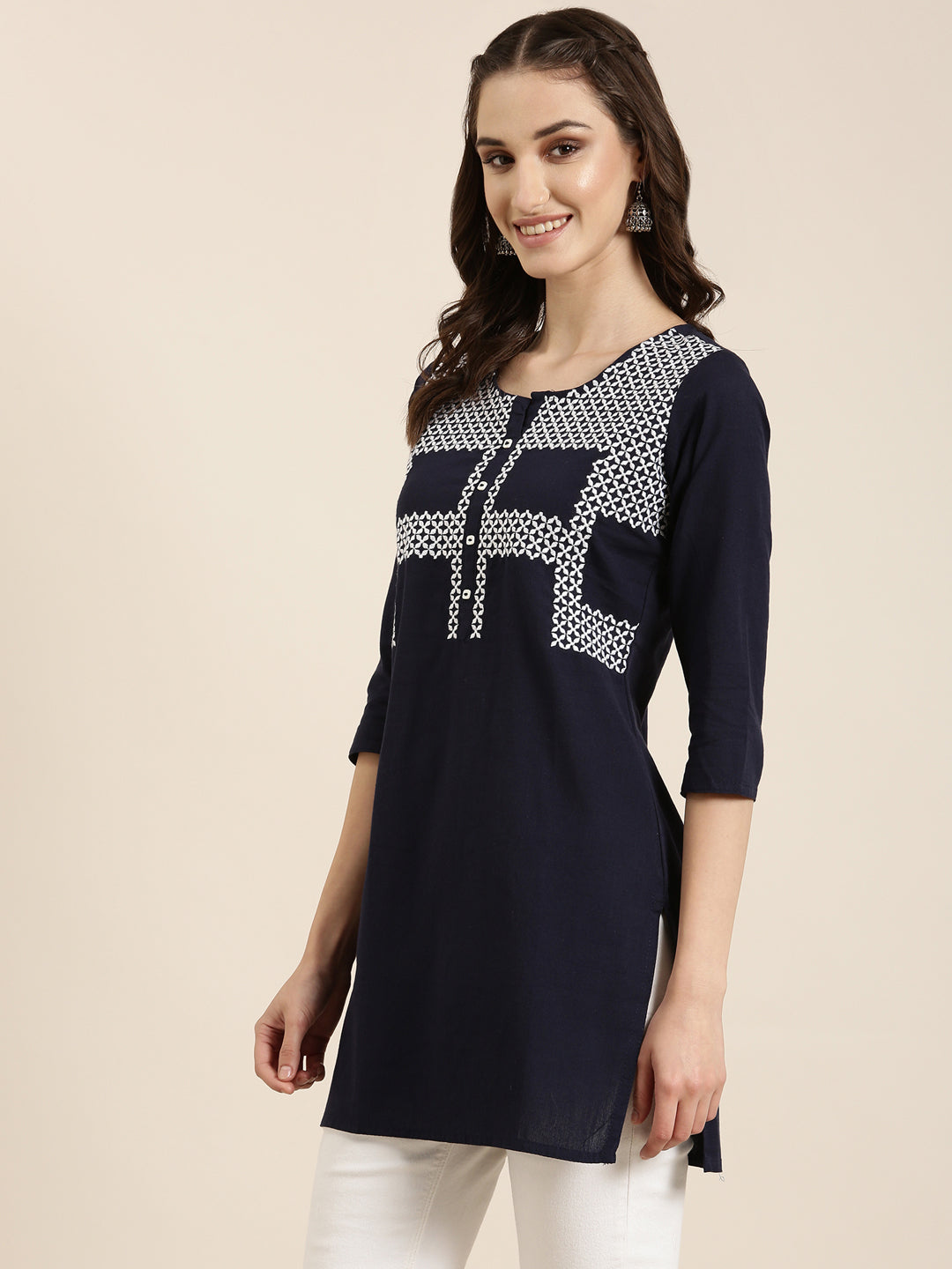 Women Navy Blue Solid Straight Kurti