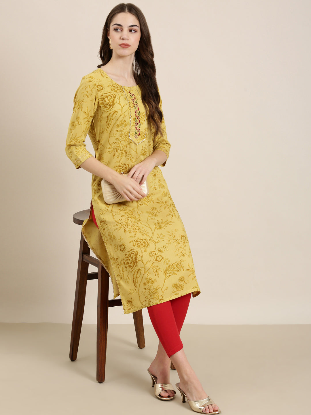 Women Mustard Floral Straight Kurta