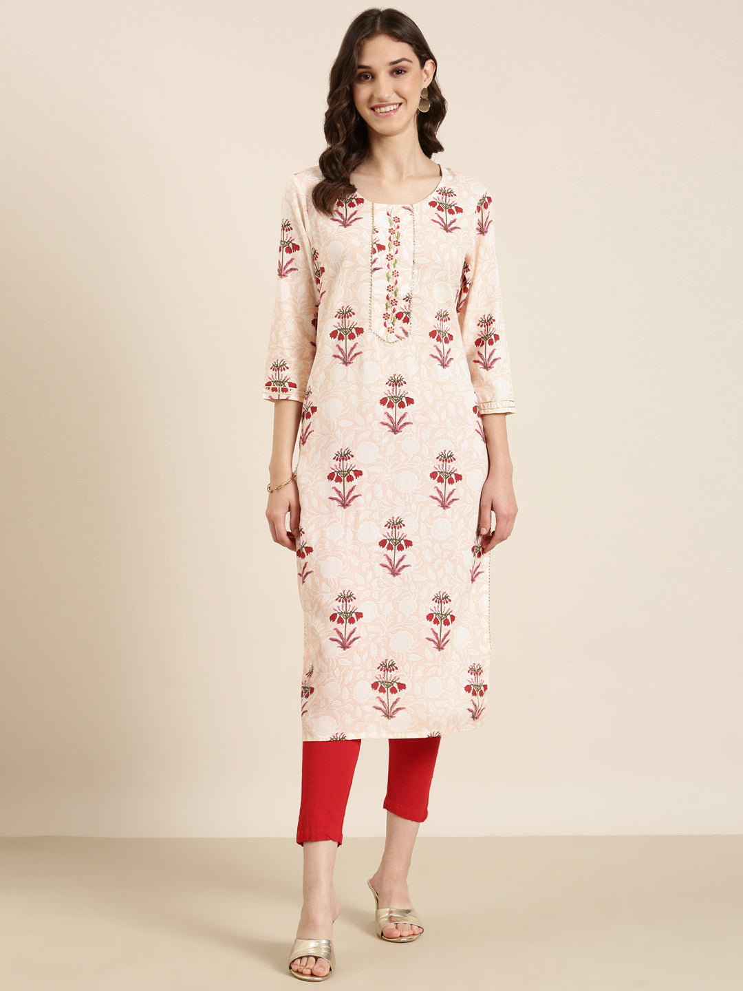 Women Peach Floral Straight Kurta