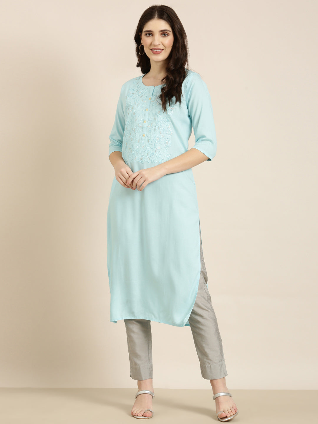 Women Blue Solid Straight Kurta