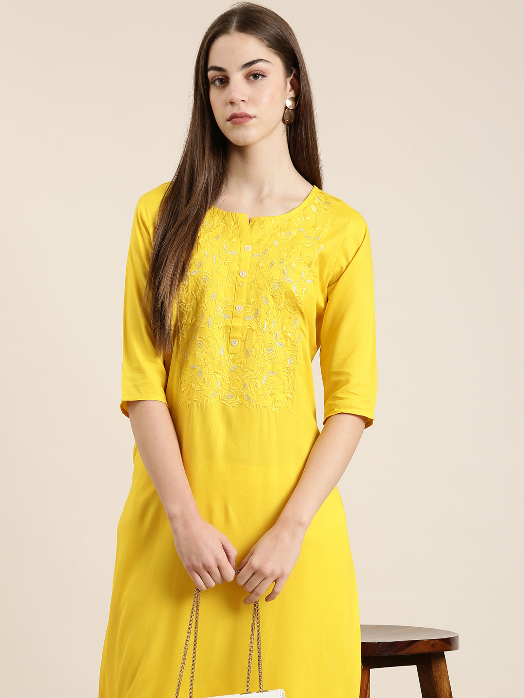 Women Yellow Solid Straight Kurta