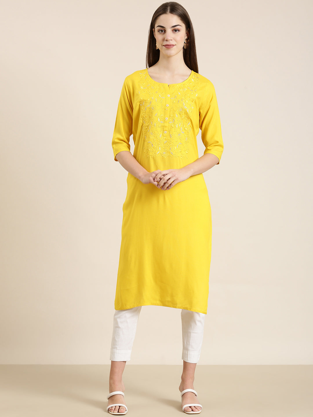 Women Yellow Solid Straight Kurta