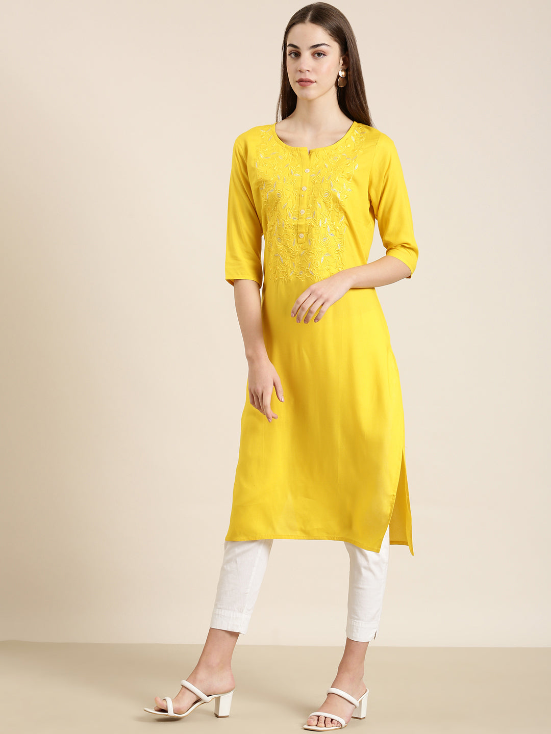 Women Yellow Solid Straight Kurta