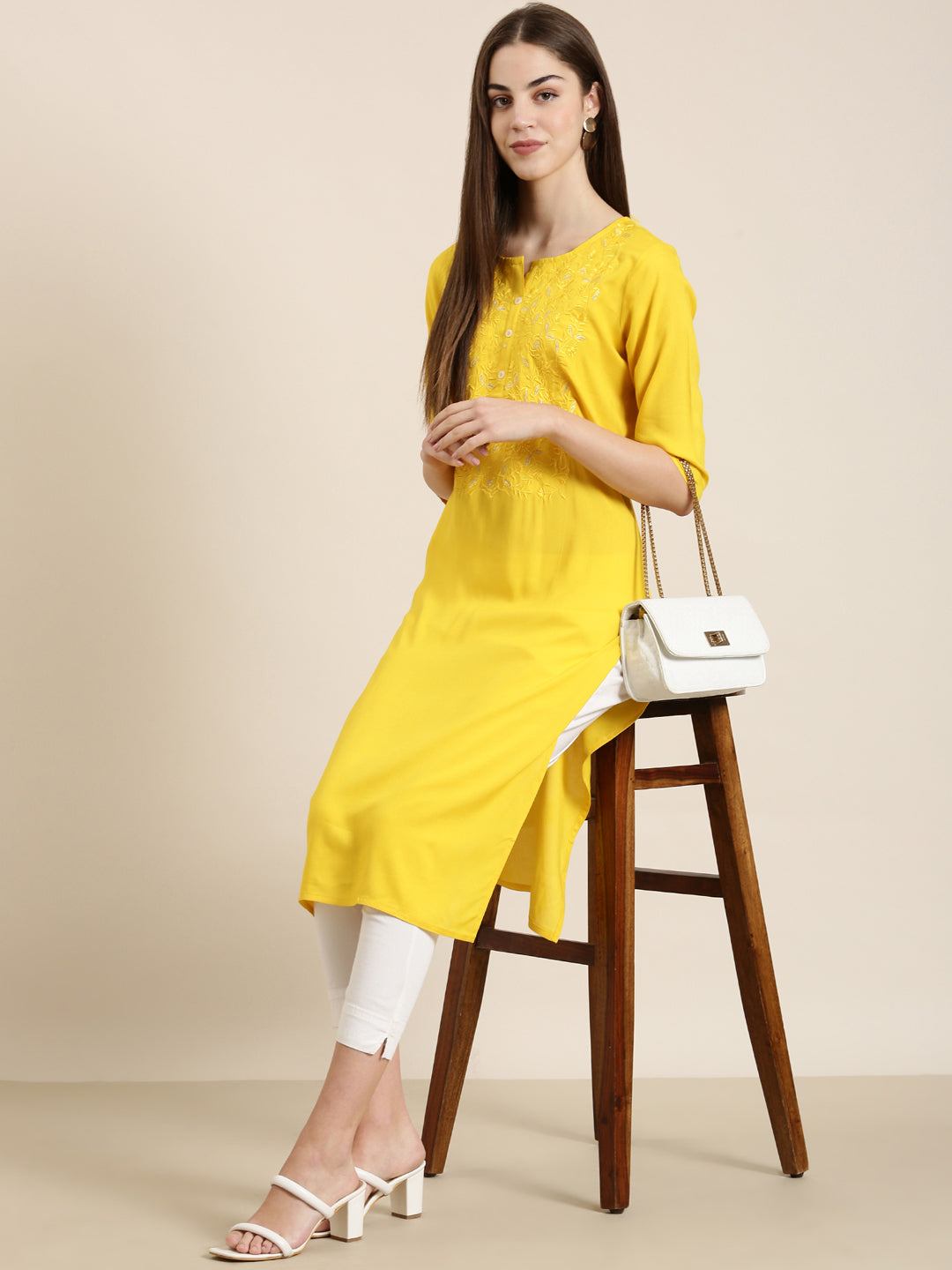 Women Yellow Solid Straight Kurta