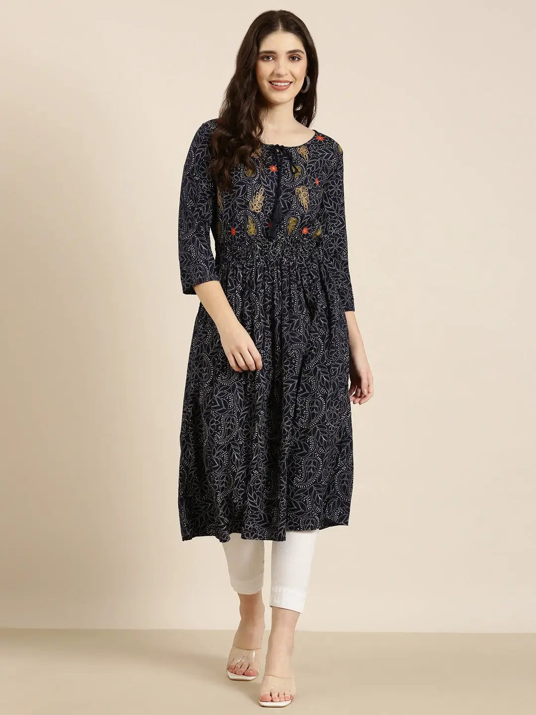 Women's Navy Blue Paisley A-Line Kurta - from SHOWOFFFF