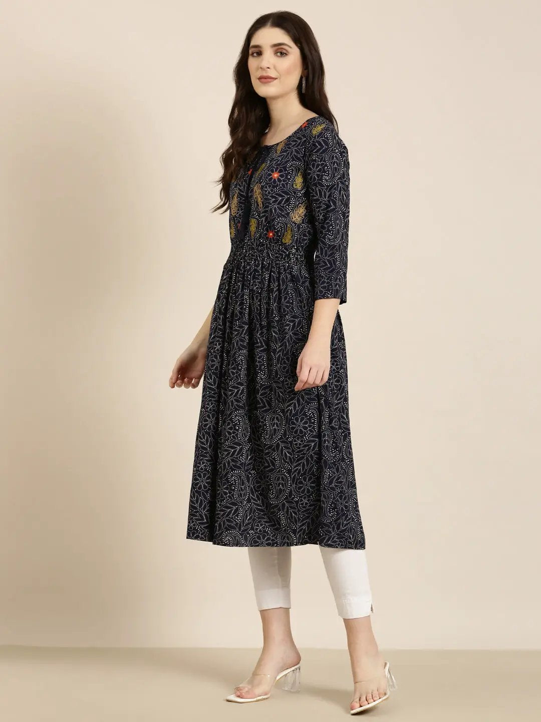 Women's Navy Blue Paisley A-Line Kurta - from SHOWOFFFF