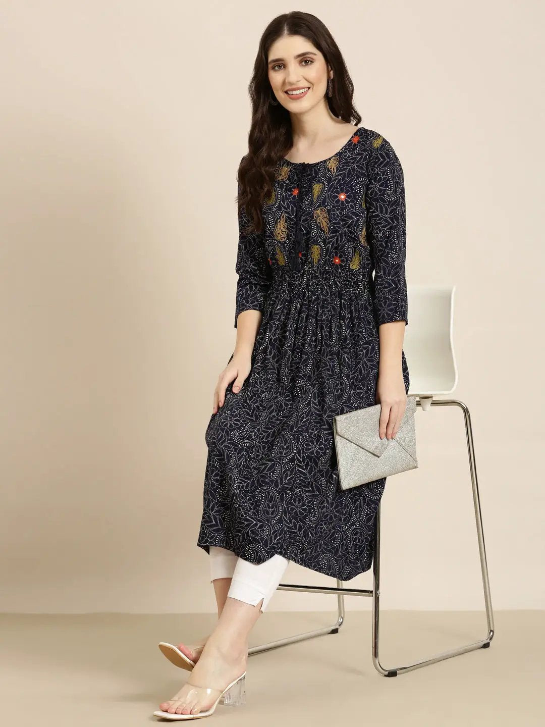 Women's Navy Blue Paisley A-Line Kurta - from SHOWOFFFF