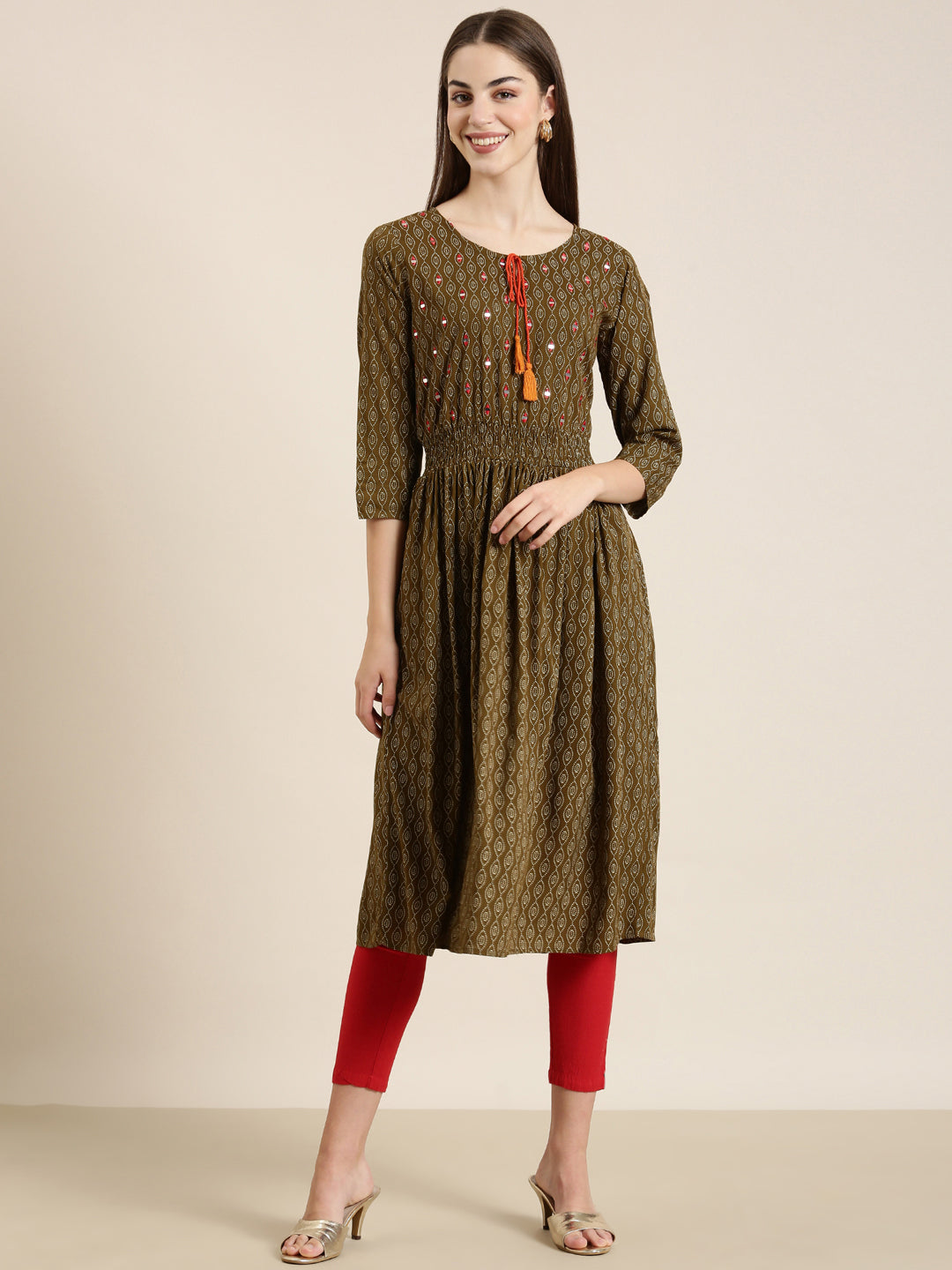 Women Olive Geometrical A-Line Kurta