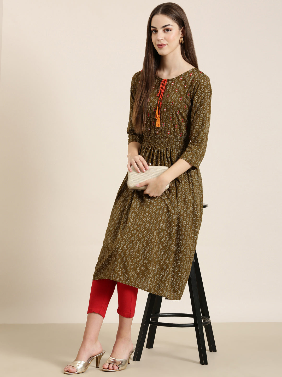 Women Olive Geometrical A-Line Kurta