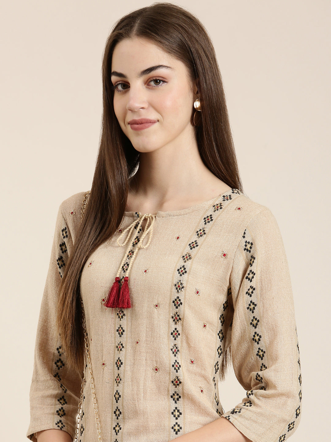 Women Beige Solid Straight Kurta