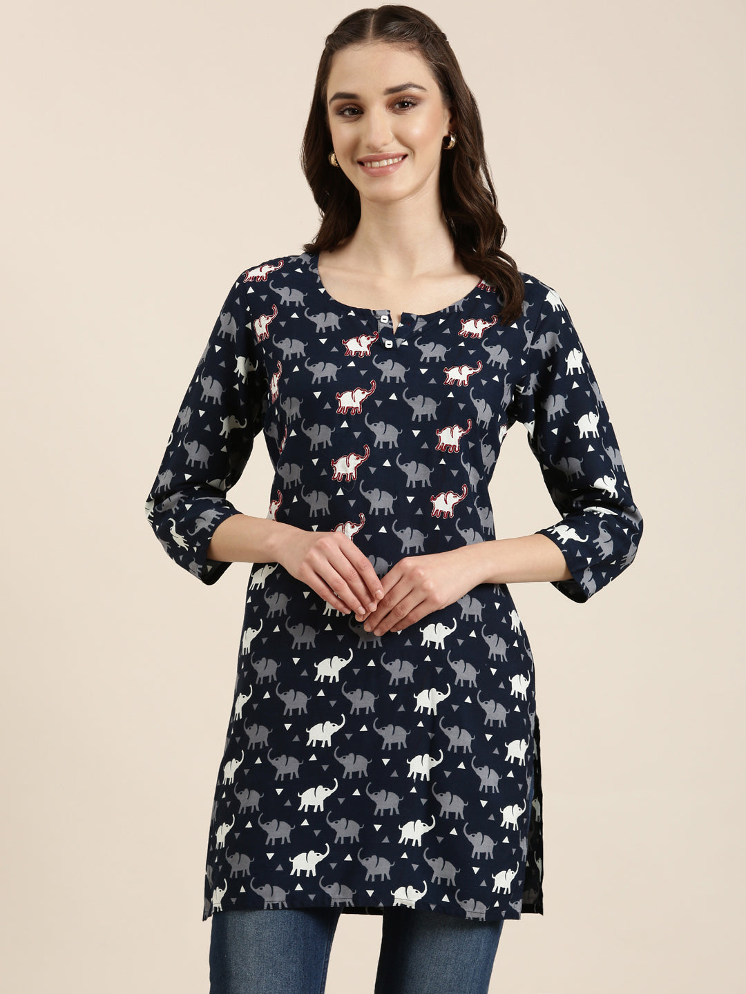 Women Navy Blue Printed Straight Kurti