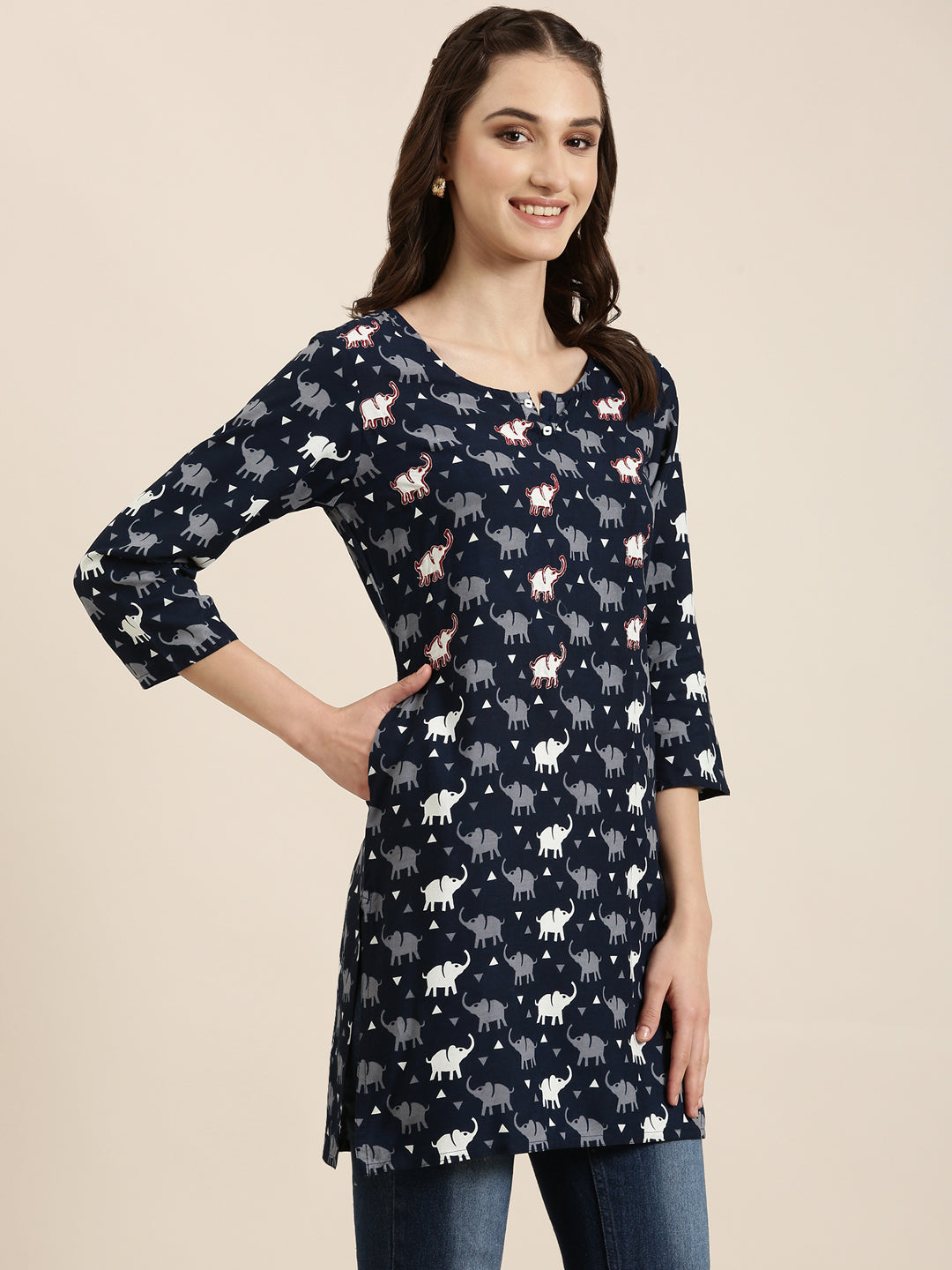 Women Navy Blue Printed Straight Kurti