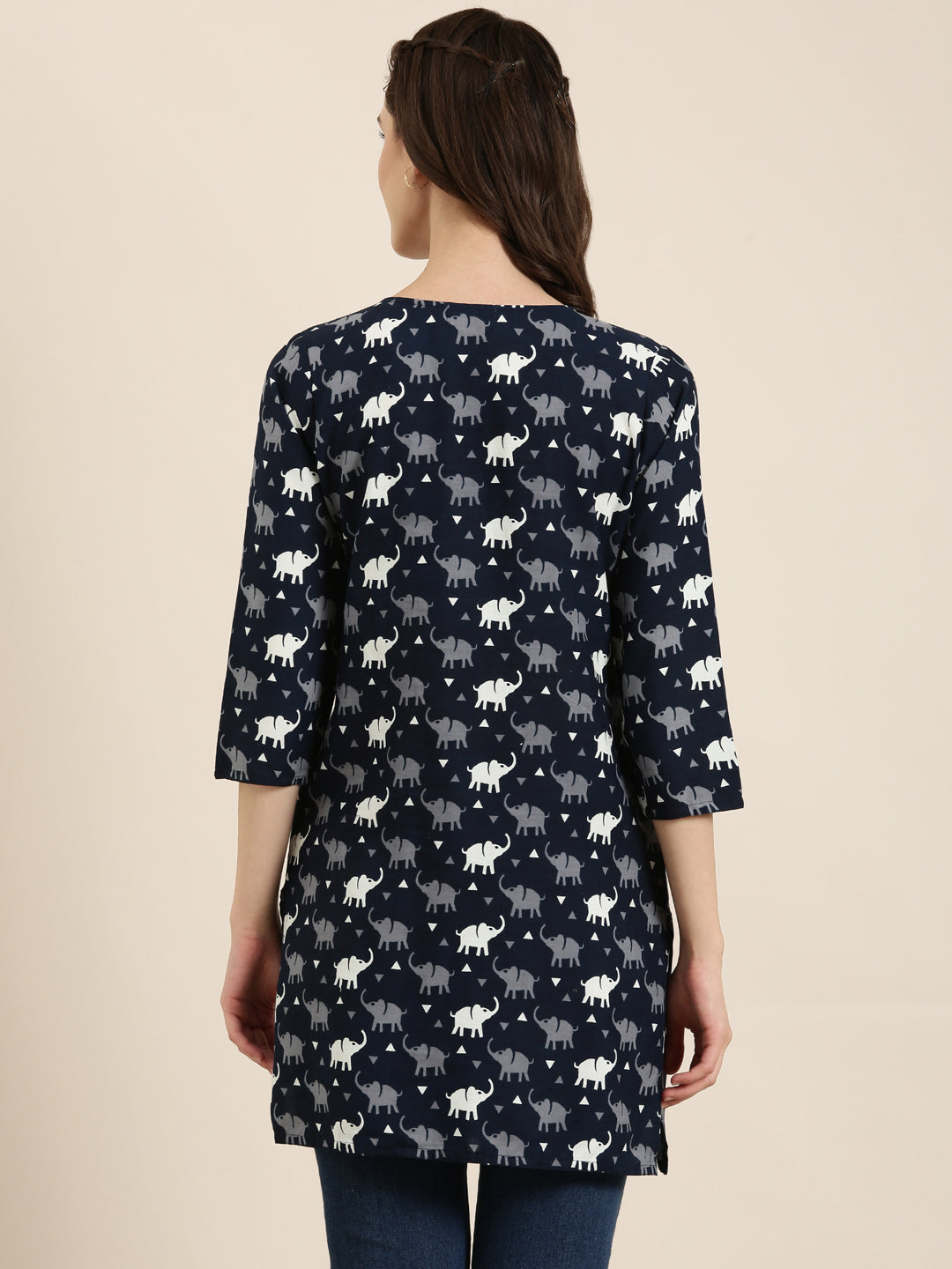 Women Navy Blue Printed Straight Kurti