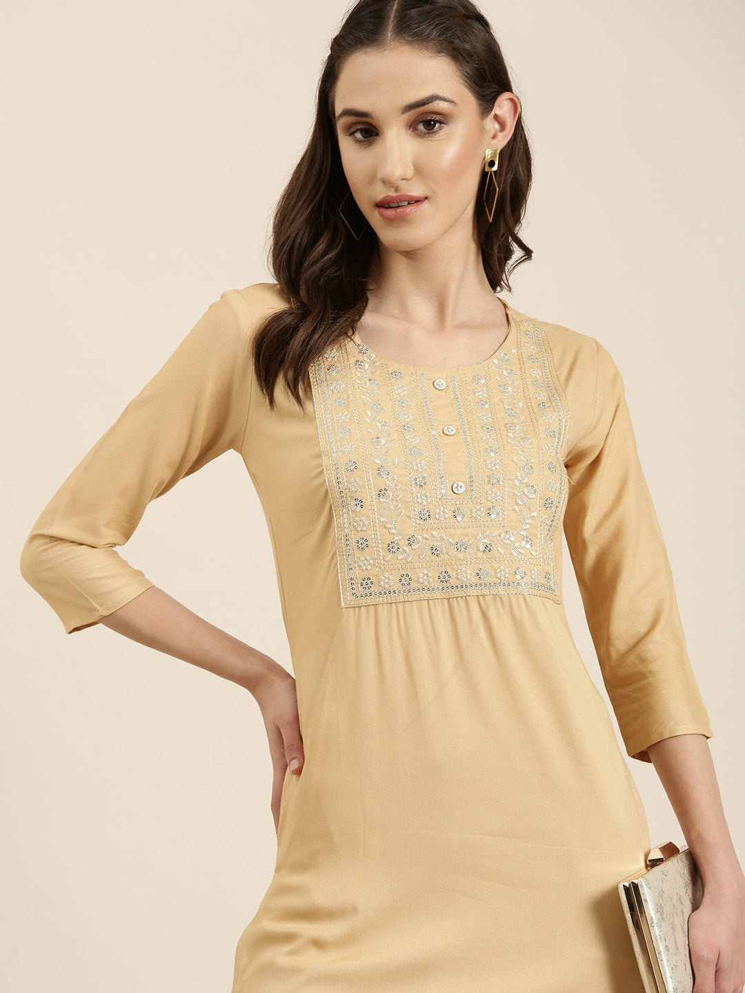 Women Beige Solid Straight Kurta