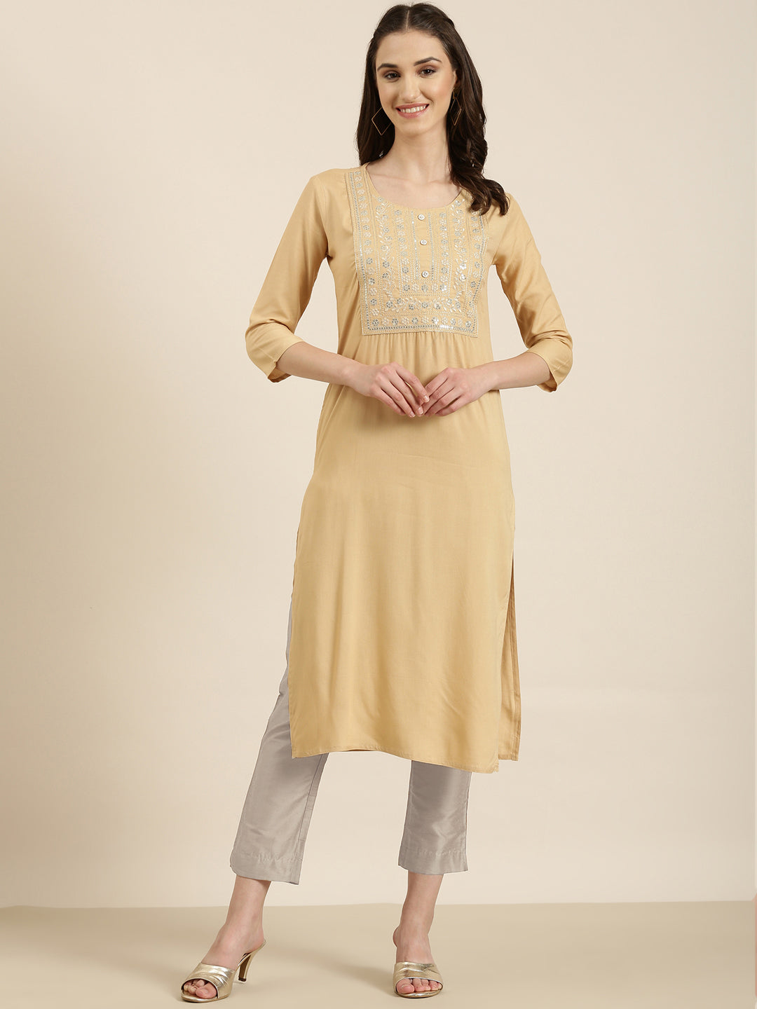 Women Beige Solid Straight Kurta