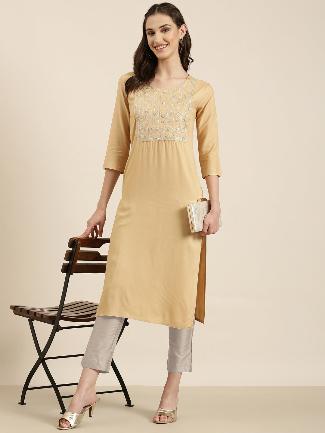 Women Beige Solid Straight Kurta