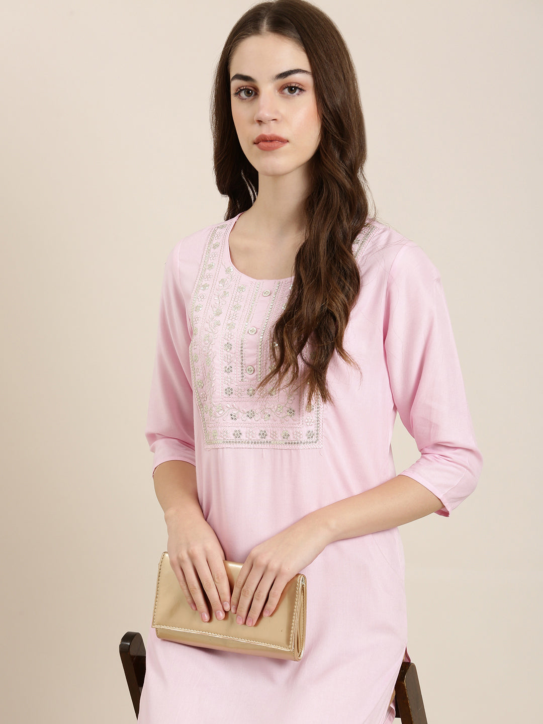 Women Pink Solid Straight Kurta