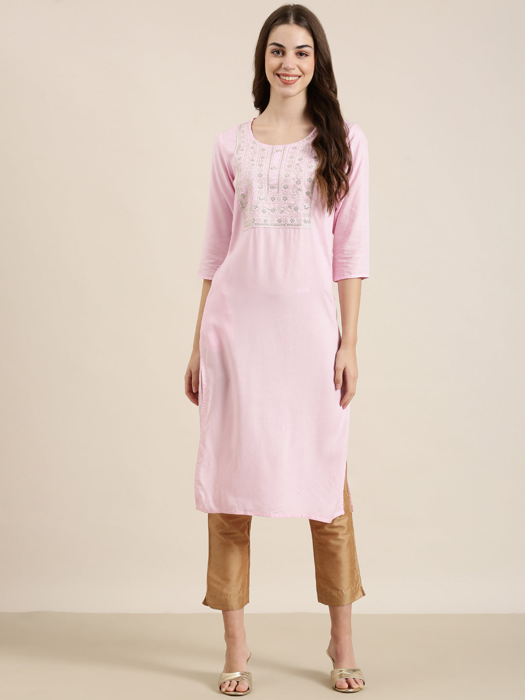 Women Pink Solid Straight Kurta