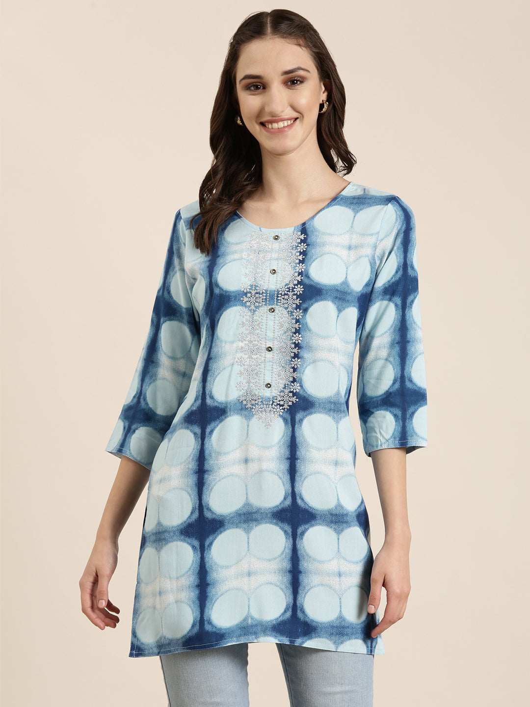 Women Blue Geometrical Straight Kurti