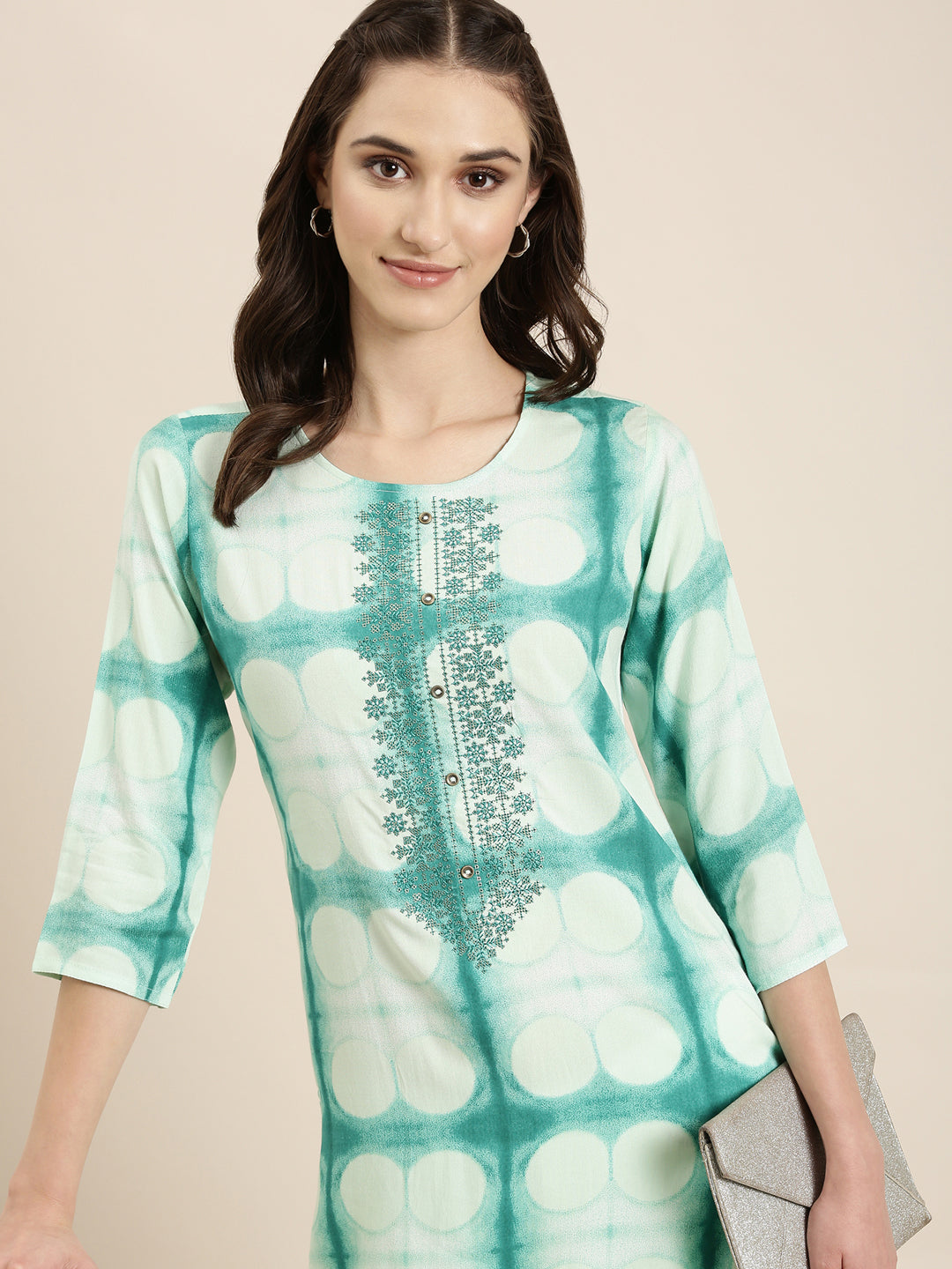 Women Turquoise Blue Geometrical Straight Kurti