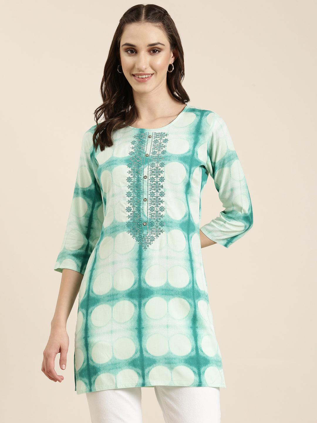 Women Turquoise Blue Geometrical Straight Kurti