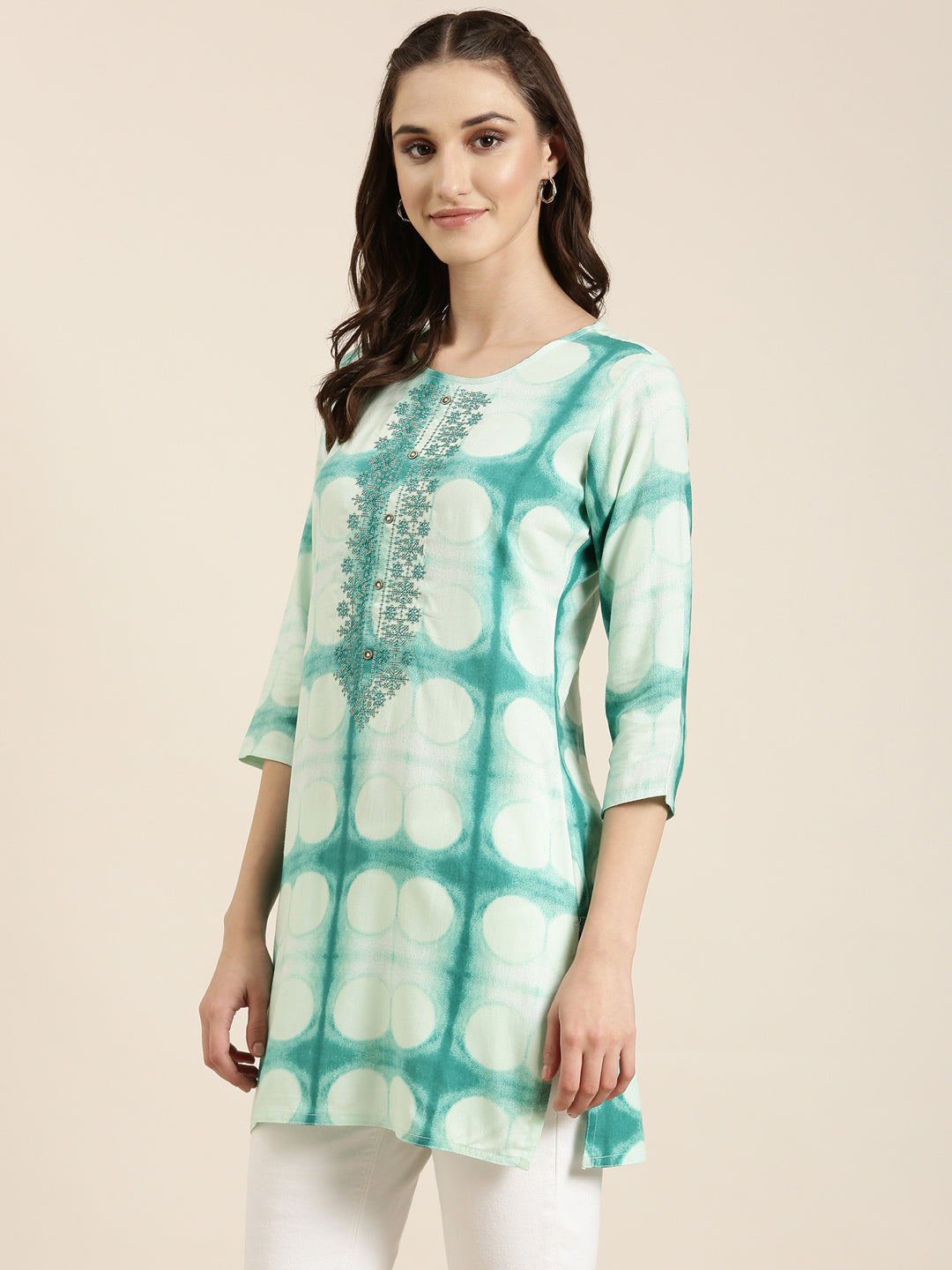 Women Turquoise Blue Geometrical Straight Kurti