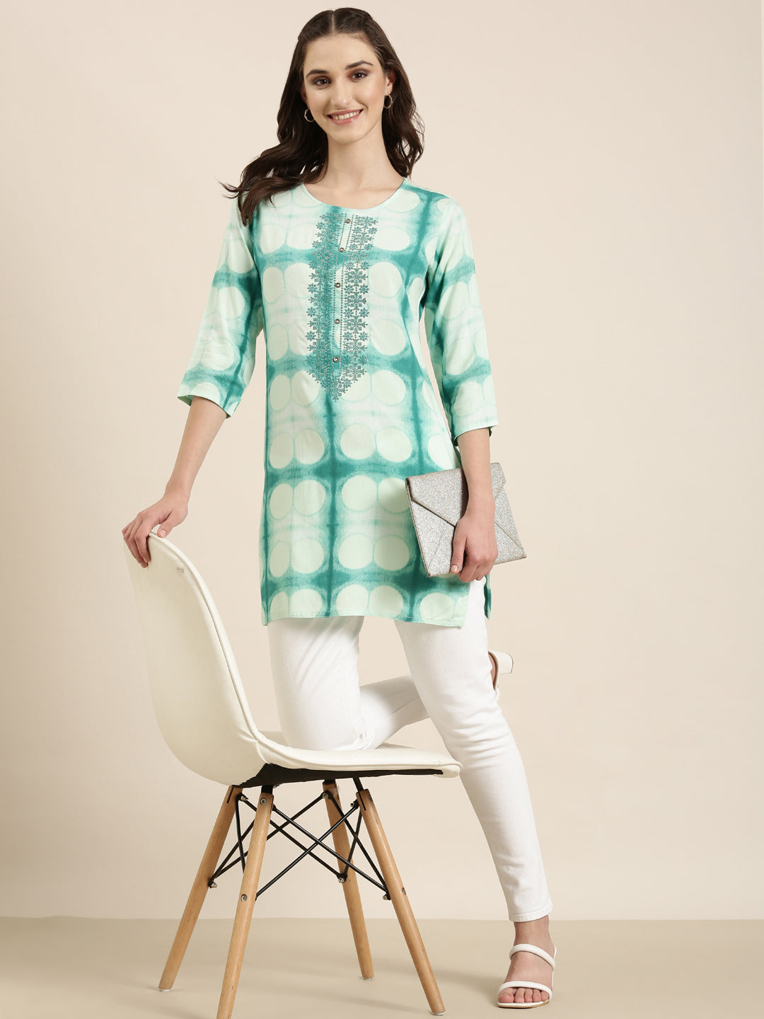 Women Turquoise Blue Geometrical Straight Kurti