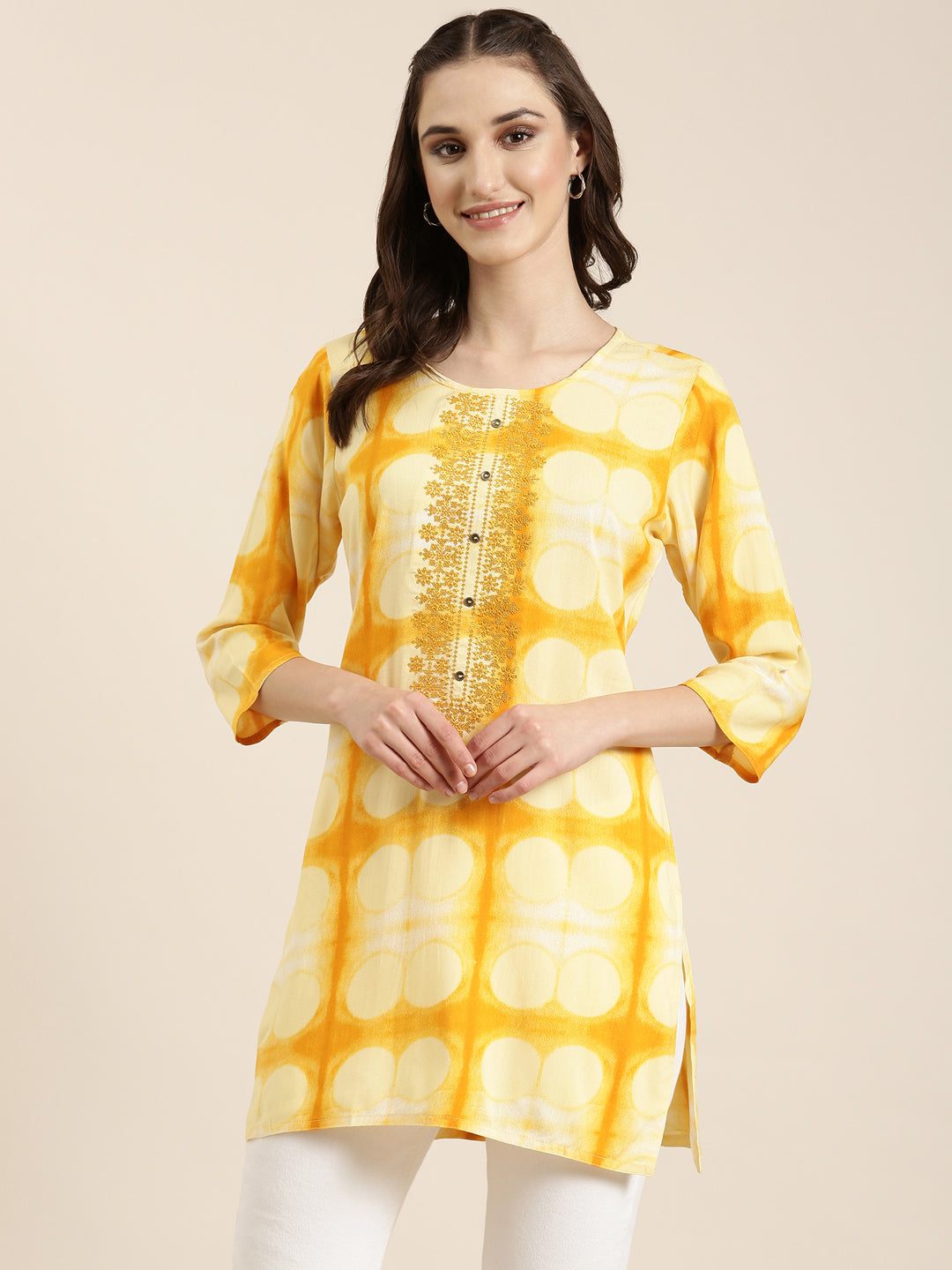 Women Yellow Geometrical Straight Kurti