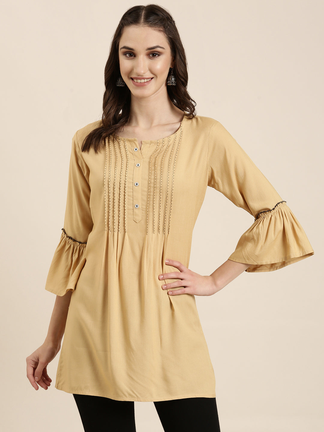 Women Beige Solid A-Line Kurti