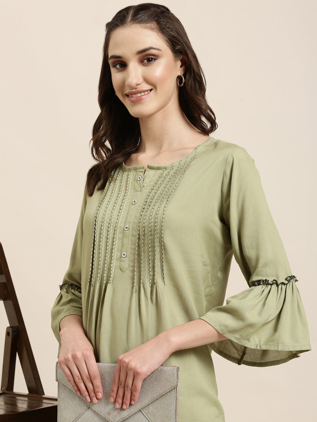 Women Green Solid A-Line Kurti