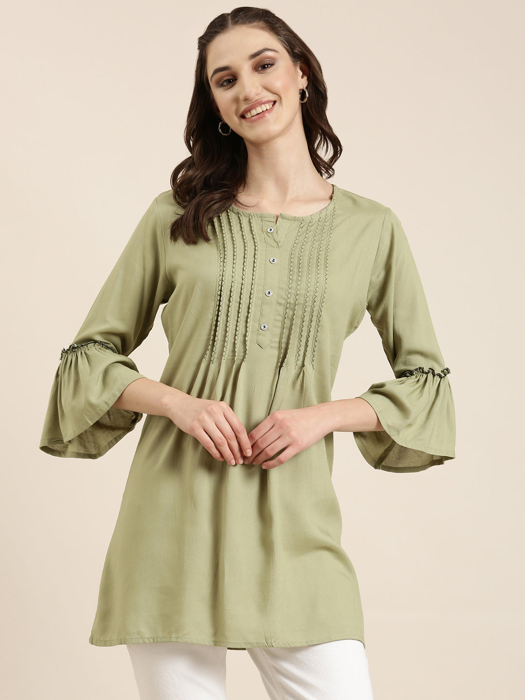 Women Green Solid A-Line Kurti