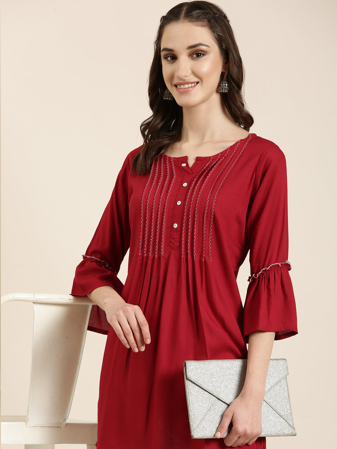 Women Maroon Solid A-Line Kurti