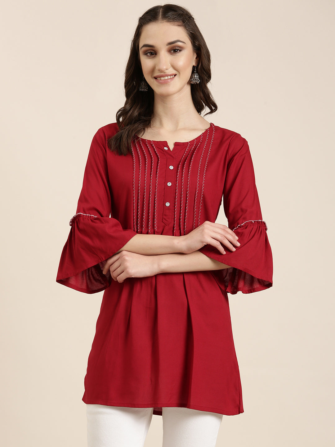 Women Maroon Solid A-Line Kurti