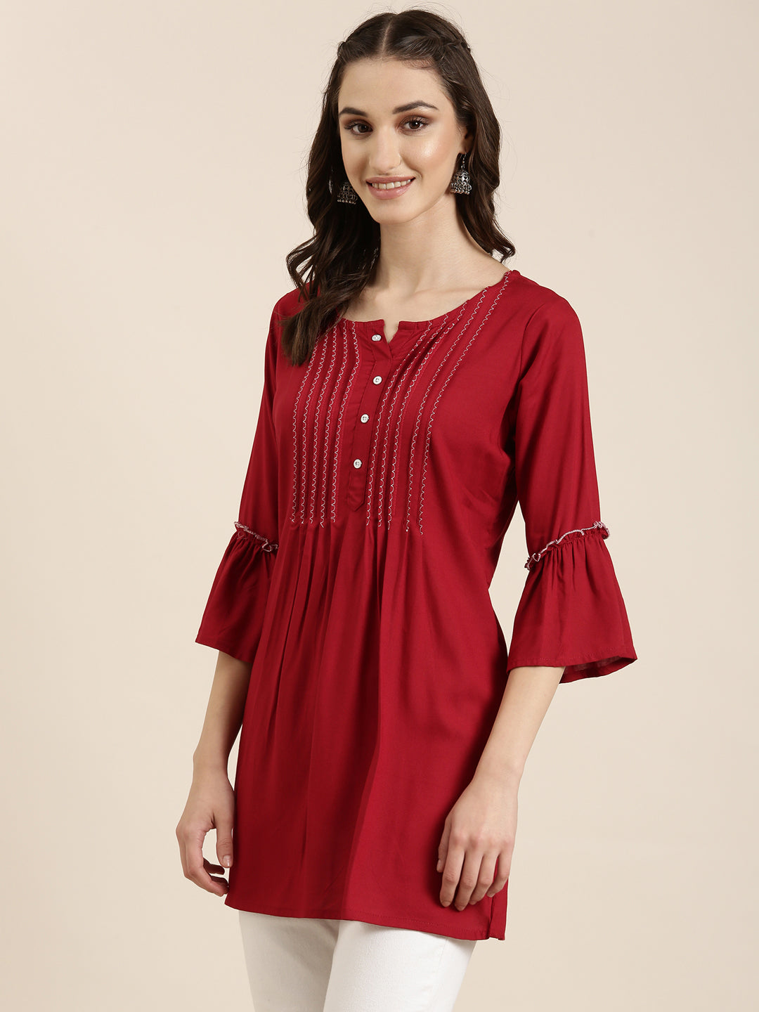 Women Maroon Solid A-Line Kurti