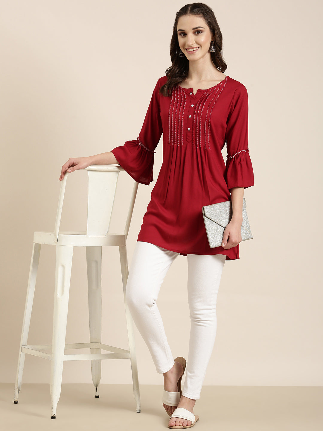 Women Maroon Solid A-Line Kurti