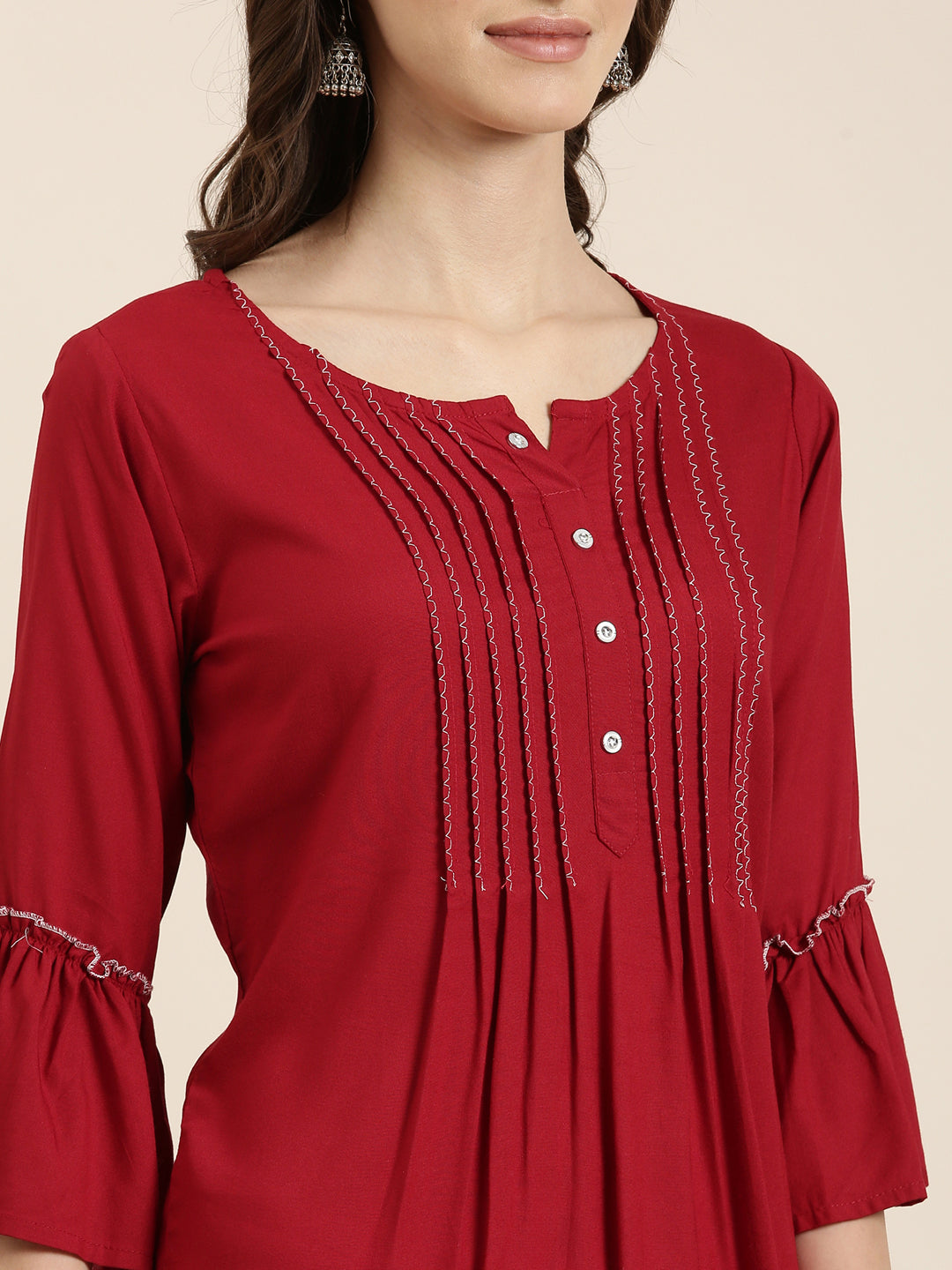 Women Maroon Solid A-Line Kurti