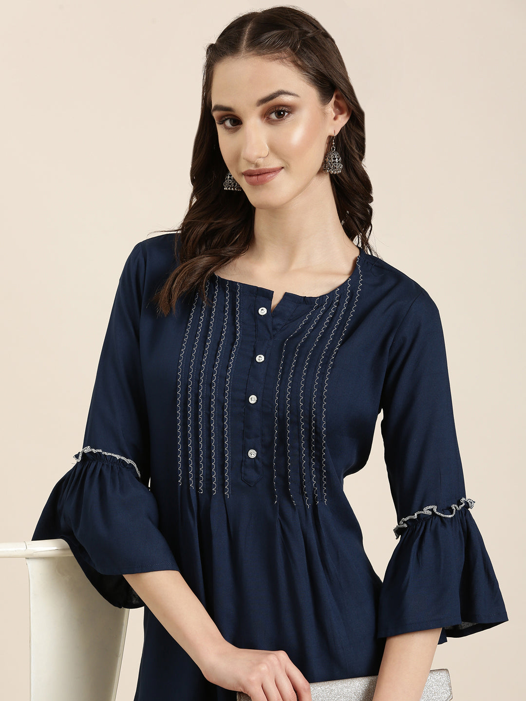 Women Navy Blue Solid A-Line Kurti