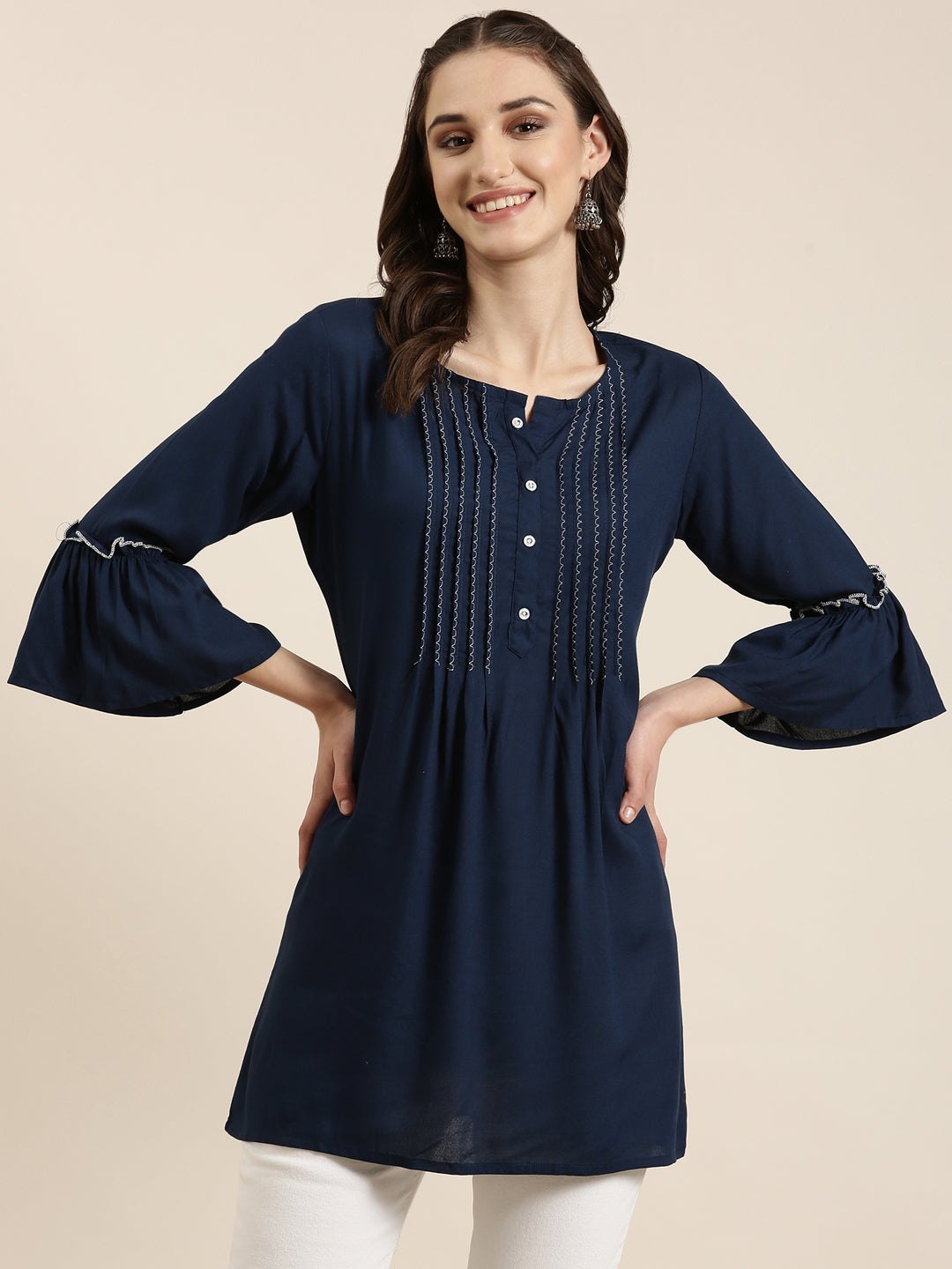 Women Navy Blue Solid A-Line Kurti